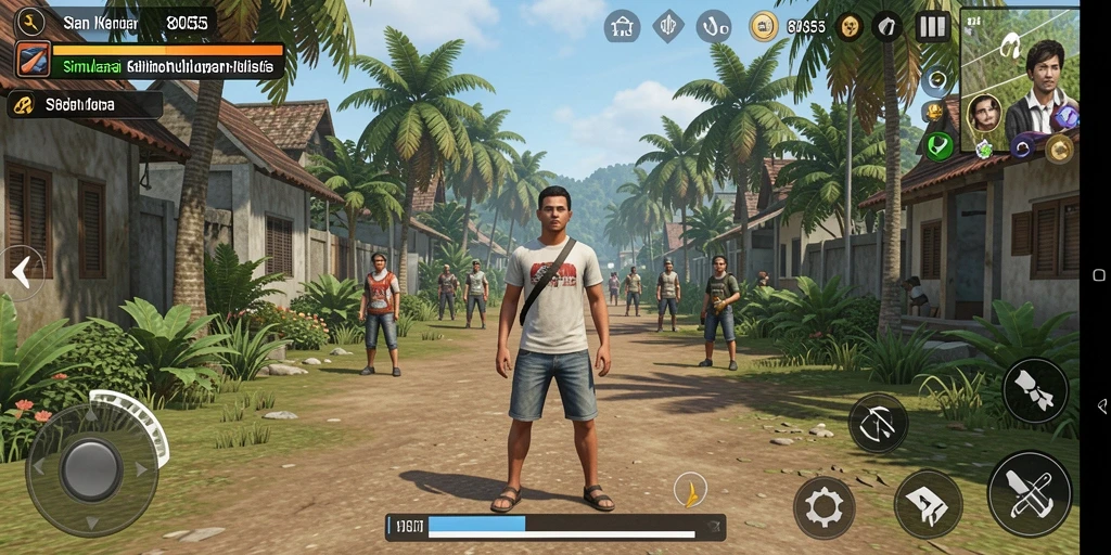 Tampilan gameplay dari 8055 dengan interaksi karakter yang mendalam.
