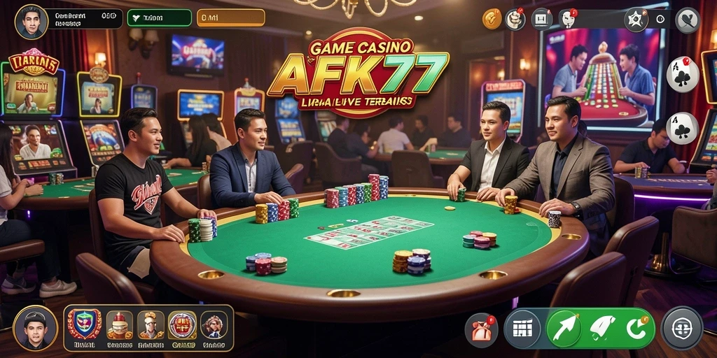 Screenshot permainan AFK77 yang menunjukkan dealer dan meja Live Casino.