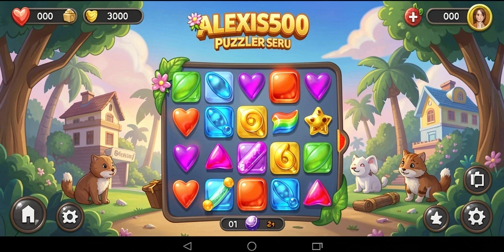 Screenshot gameplay ALEXIS500 menampilkan aksi Match-3 yang cepat dan seru.