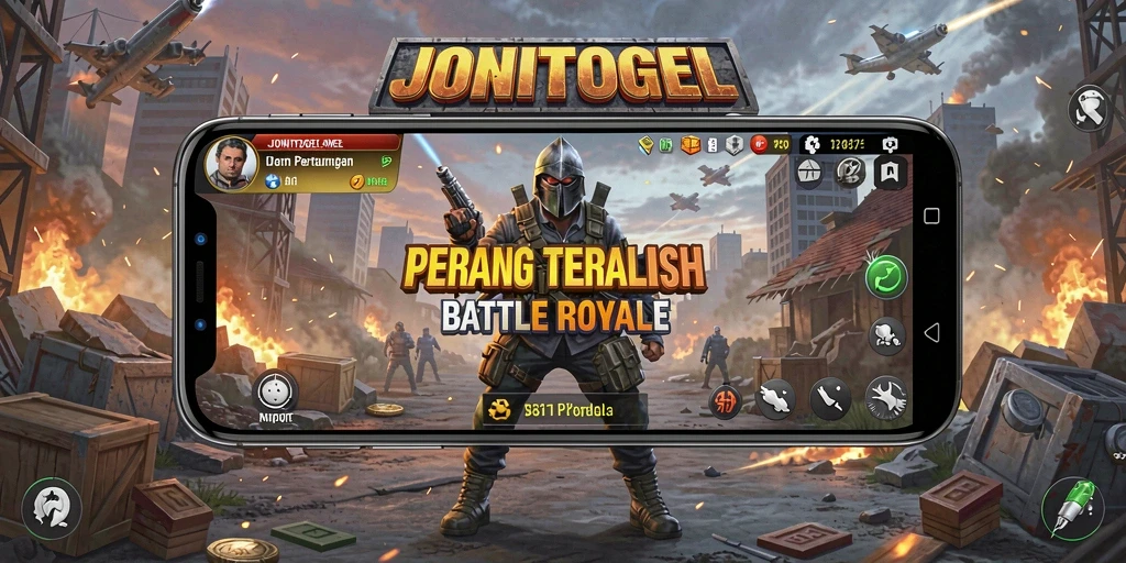 Screenshot utama JONITOGEL menampilkan aksi seru dalam mode Battle Royale.