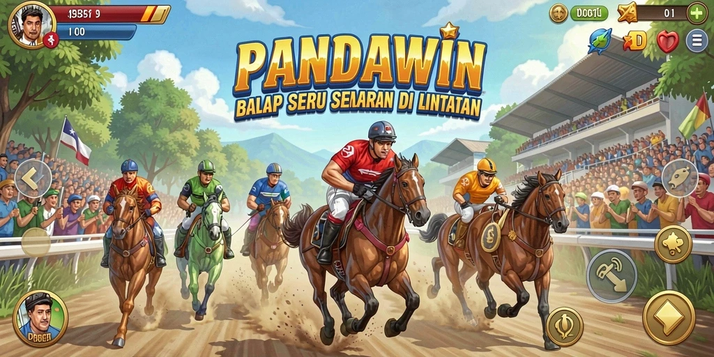 Screenshot utama PANDAWIN menampilkan aksi balap yang mendebarkan di lintasan.