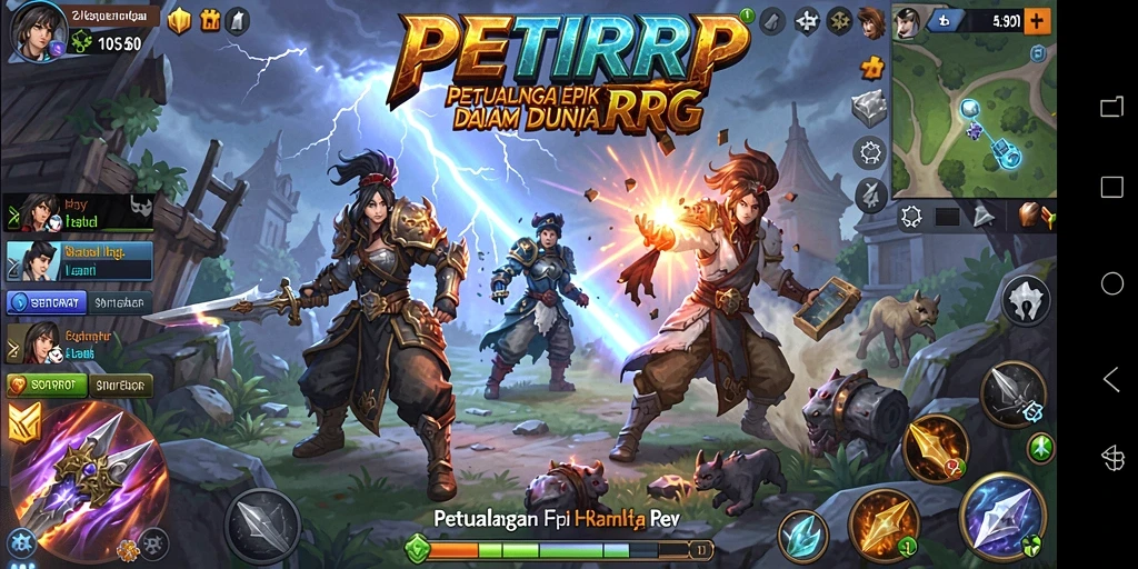 Screenshot PETIRRP menampilkan karakter dalam pertempuran seru di dunia RPG.