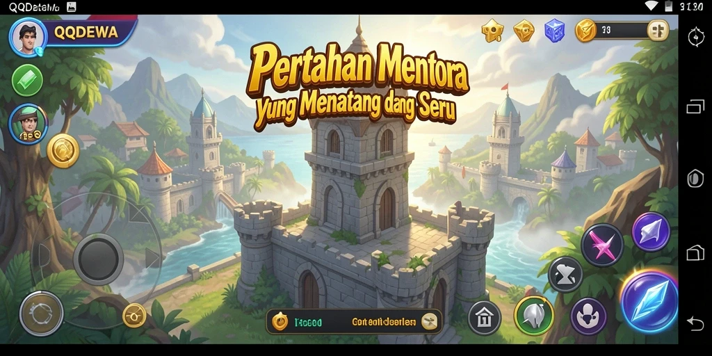Screenshot yang menampilkan strategi menara dalam QQDEWA di game Tower Defense.