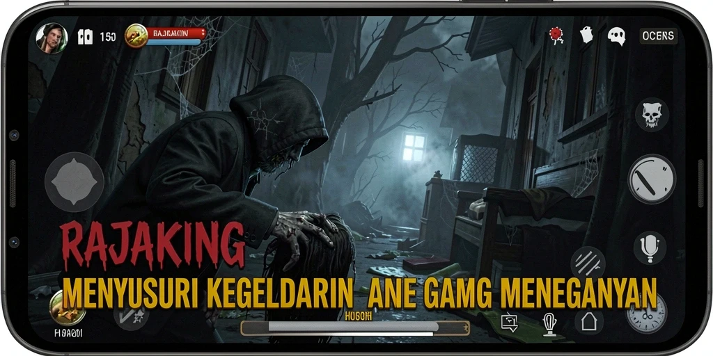 Screenshot gameplay menegangkan dari RAJAKING, menampilkan suasana horor yang mencekam.
