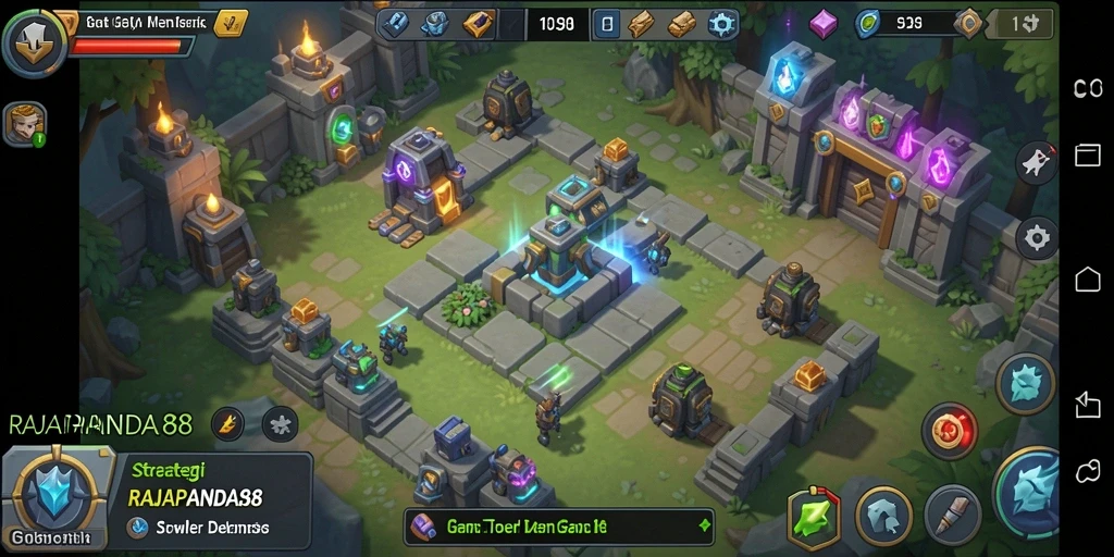 Screenshot gameplay RAJAPANDA88 menampilkan pertahanan menara melawan gelombang serangan musuh.