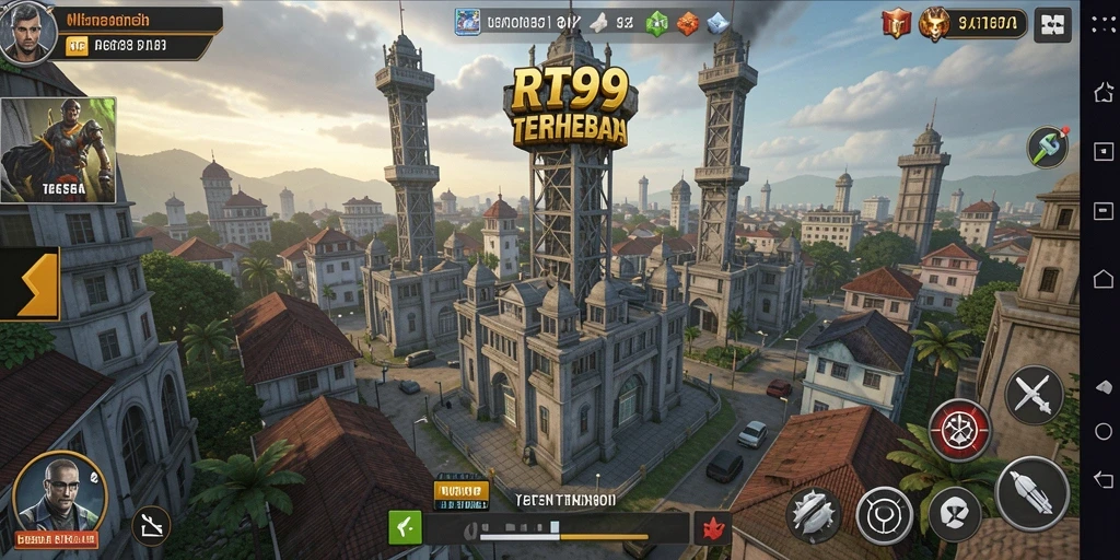 Tangkapan layar gameplay RT99 dengan menara pertahanan yang aktif.
