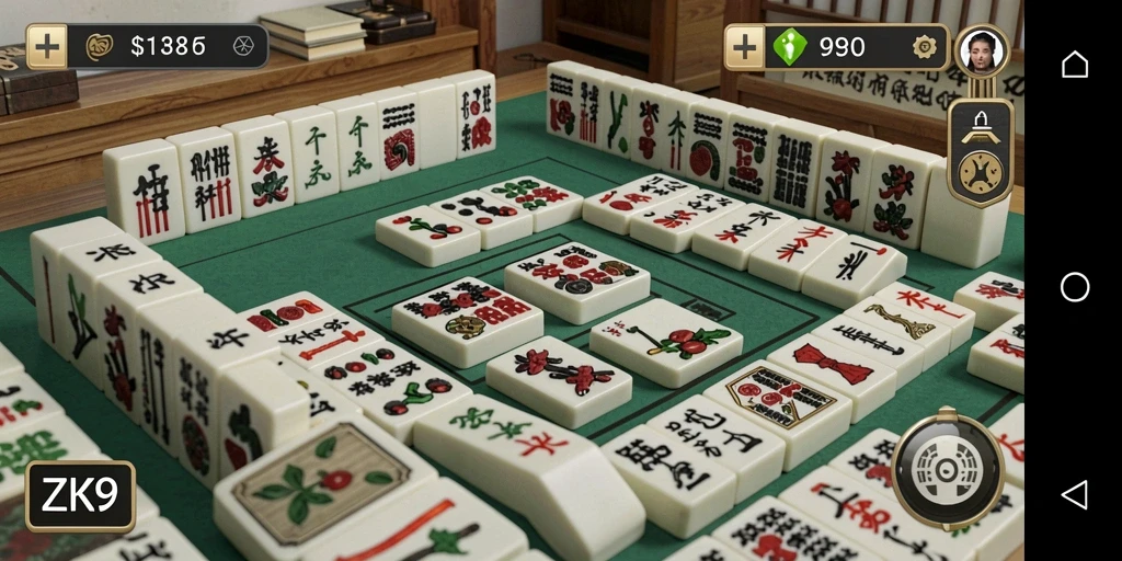 Screenshot gameplay ZK9 yang menunjukkan momen seru dalam permainan Mahjong.